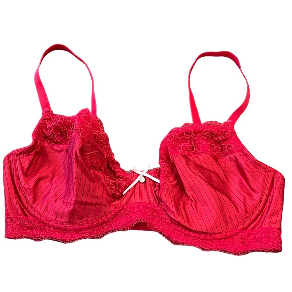 Mariemeili Red Lace & Striped 34C Bra With Bow Accent